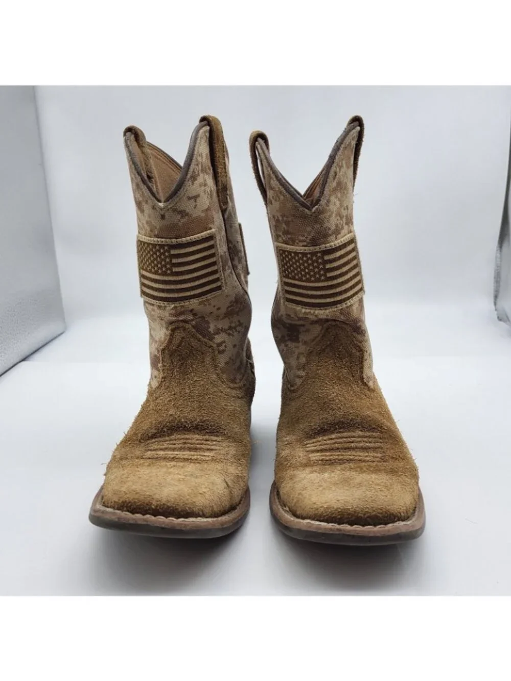Ariat Patriot Flag Western Kids Cowboy Sand Camo Brown Suede Boots Youth Size 12